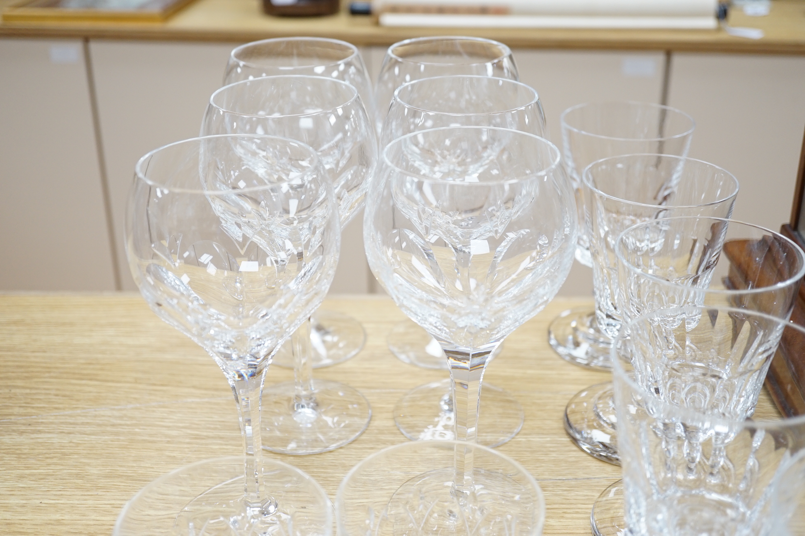 Six 'Willian Yeoward' wine goblets with 'bucket' bowls together with six other tall wines and six matching tumblers (18)